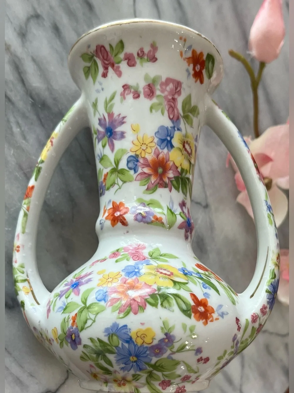 Vintage Gold Castle Japanese Chintz Floral Porcelain Vase Double Handle 5-1/8”